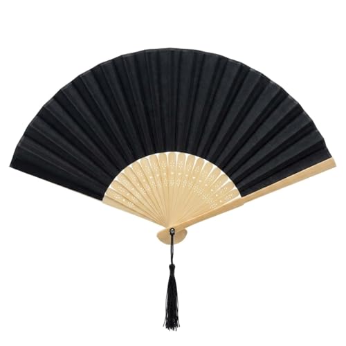 Image of Fabric Handheld Folding Hand Fan With a Tassel Grade A Bamboo Ribs for Women Girls Summer Party Event Favor Birthday Wedding Souvenir Gift (Black)