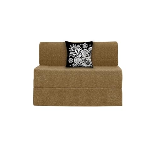 Image of Rosebell One Seater Sofa Cum Bed | Jute Fabric Washable Cover | with Cushions Perfect for Guest | Golden-Color | 3' X 6' Feet