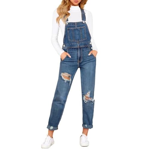 luvamia Women's Casual Stretch Adjustable Denim Bib Overalls Jeans Pants Jumpsuits X-Large E Deep Blue