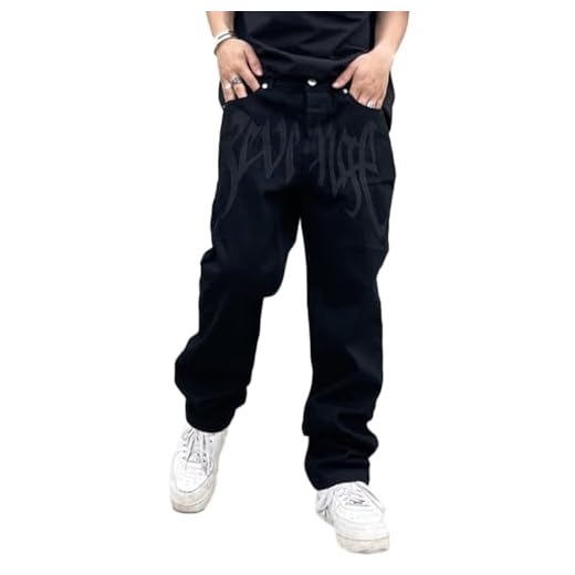 ORANDESIGNE Men Hip Hop Jeans Baggy Straight Leg Gewaschen Jeanshose Casual Denim Hosen Vintage Bedruckte Jeans Teenager Jungen Skateboard Hose Streetwear ZE Schwarz S