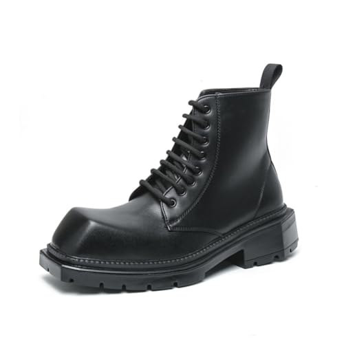Mens Retro Leather Lace-Up Chunky Heels Chukka Ankle Boots Casual High-Top Non-Slip Square Toe Dress Shoes for Walking Formal Business