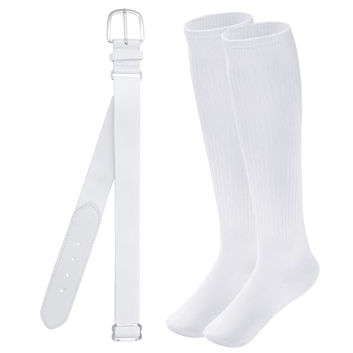 Dxhycc Baseball Socks and Belt Combo Set Adjustable Softball Baseball Socks and Elastic Waist Belt for Youth Adult White