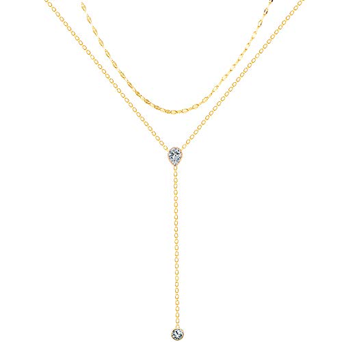 Dainty Y Chokers Necklace Layered Round Cz Neckalce 14K Real Gold Plated Necklace for Women