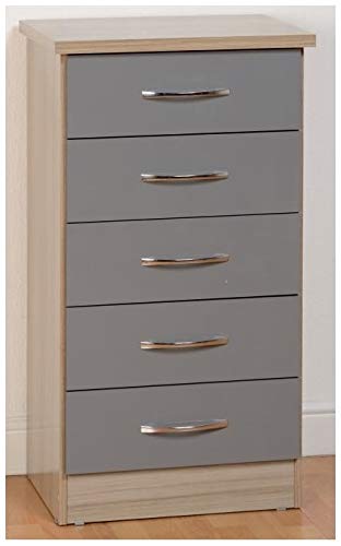 Xpress Delivery Nevada 5 Drawer Narrow Chest in Grey Gloss and Light Oak Effect Veneer