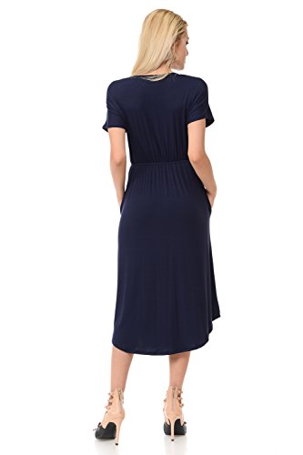 iconic luxe Women's Solid Short Sleeve Flare Midi Dress with Pockets X-Large Navy - Thumbnail 2