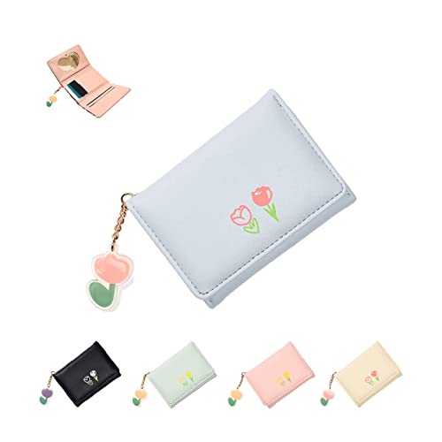 Tulip Wallet, 2023 New PU Leather Tulip Mini Wallet, RFID Blocking Trifold Small Zipper Wallet, With Credit Card Slot ID Window Women Small Wallet (B-Blue)