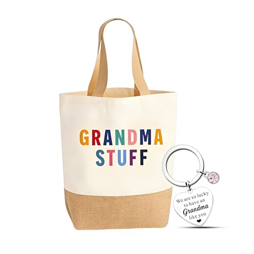 DAWKJOA Canvas Tote Shopping Bag With Keyring Set Cute Grandma Birthday Gifts For Grandma Mothers Day Present Idea Women 35x37cm Shopper Handbag