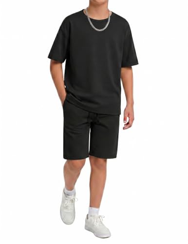 Image of Arshiner Boys Drop Shoulder T-Shirt & Drawstring Waist Shorts Summer Casual Outfits (5-12 Years)