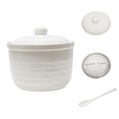 MaoYaMao Recipiente de cerámica para grasa de tocino con colador de acero inoxidable, lata de almacenamiento de aceite de cocina de 17 onzas (blanco)