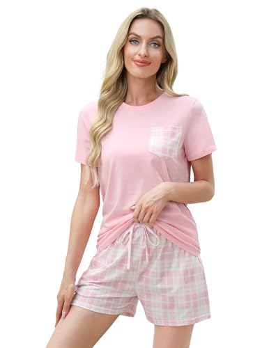 La mejor selección de Pijamas de Dama los 5 mejores. 45 GAESHOW Pijamas Mujer Algodon Conjunto de Pijama para Mujer Mangas Cortas Pantalones Cortos Cuello Redondo Estampado de Cuadros 2 Piezas Ropa de Dormir