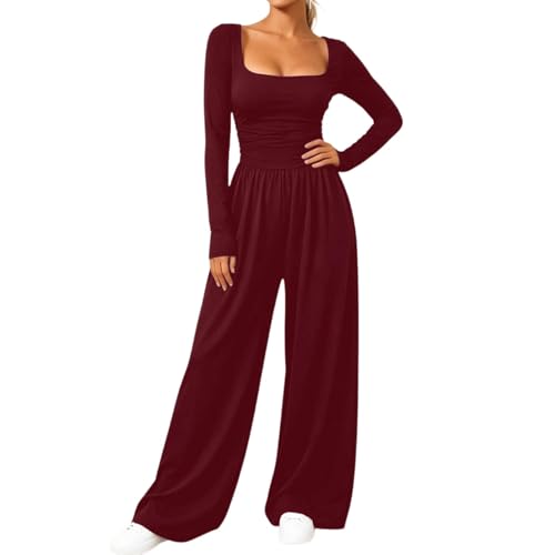 Generisch Mono de manga larga para mujer, de piernas anchas, corte ajustado, monocolor, moda, informal, primavera, otoño, elegante, entallado, ajustado, pantalones de tela, Vino, L