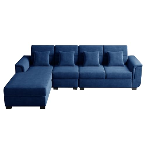 Image of Wood 6 Seater Sofa Set | Velvet Fabric Upholstery | Modern Wooden Frame Sectional Couch with Cushions for Living Room, Home & Office (Blue)