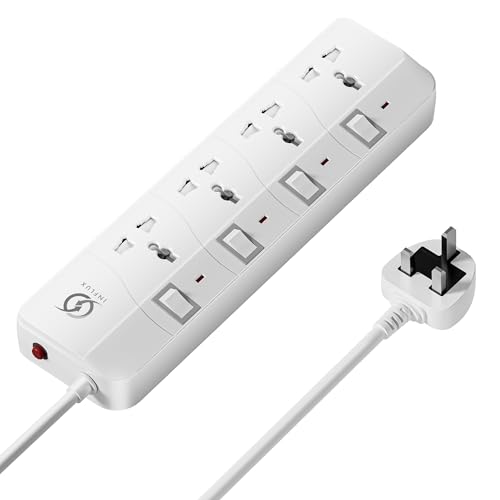 INFLUX Extension Cord with 4-Outlet - 5 Meter Multi Plug Extension Cable for Maximum Reach and Versatility - Power Strip with Universal Plug adapter and Heavy duty power Cord with 13A Fused plug.