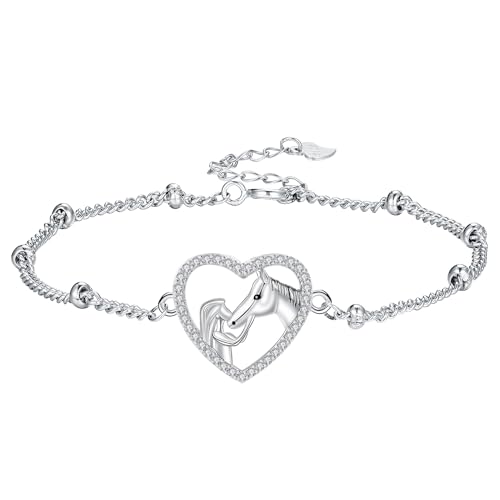 Hifeeled Pferd und Mädchen Armband Damen 925 Sterling Silber Pferd Armbänder für Frauen Original Schmuck Geschenk Mutter Ehefrau Tochter Verstellbarer [16+4cm]