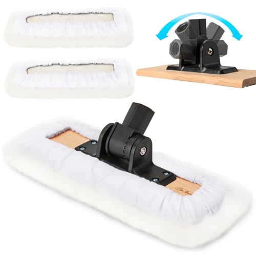 PinStone 4 Pack 10-Inch Lambswool Applicator Kit 180 Adjustable Lambskin Deck Stain Applicator with 3 Real Lambs Wool Pads Wood Stain Applicator for Wood Deck Fence Floor Finish Wax Staining