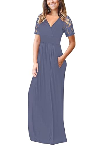 Image of AUSELILY Maxi Dresses for Women Summer Lace Short Sleeve V Neck Wrap Dress | Lace Short Sleeve, Two Pockets, V-Neck Wrap Waist Long Dress