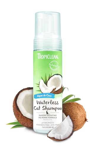 TropiClean No Rinse Waterless Cat Shampoo | Dandruff Treatment | Moisturizing Dry Shampoo for Dry Skin | USA Made | Aqua de Coco Scent | 7.4oz.