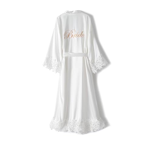 Crystal Dew Womens Lace Trim Long Bridal Kimono Robes With Embroidery Bride Bridesmaid Satin Bathrobe Wedding Gifts