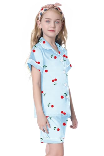 Image of Umeyda Women & Girls Pajamas Set, Soft Satin Lightweight Silk Button-Down Top with Shorts 2 Piece PJS for Mom Boys Kids Gifts
