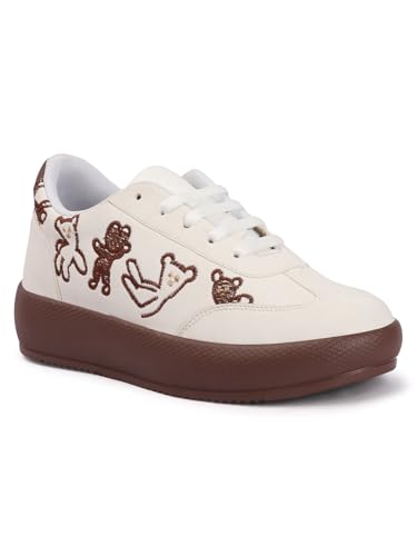 Image of TRYME Women's Stylish Platform Sneakers | Cute Teddy Bear Lace-Up Shoes Trendy Casual Footwear