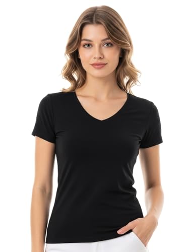 Image of JUNEBERRY Women's Cotton Lycra Regular Fit V- Neck Solid Core Half Sleeve Combo T-Shirt (Pack of 3)
