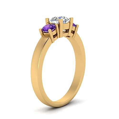 Image of 55Carat Choose Your Gemstone 3 Stone Round Diamond CZ Engagement Ring Yellow Gold Plated Round Shape 3 Stone Engagement Rings Minimal Modern Design Birthday Gift Wedding Gift US Size 4 to 12