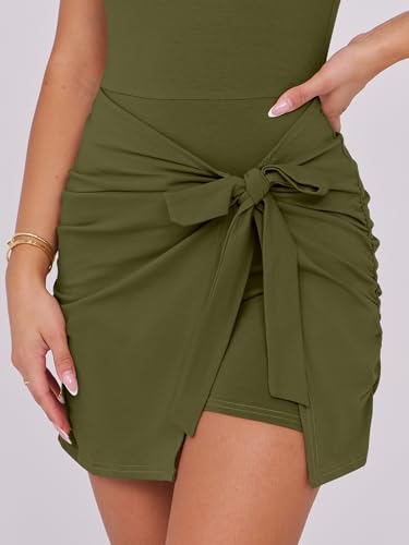 Image of Caracilia Women Summer Sleeveless Bodycon Tie Cinched Waist Romper Skort Mini Dress Built in Shorts Night Out Vacation Dress