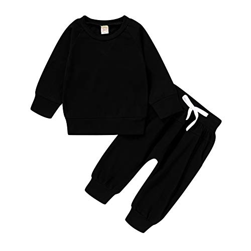 Happy Town Fall Outfits for Toddler Girls Boys Long Sleeve Top and Long Pants Set Toddler Sweatsuits (Solid Color-Black, 6-12 Months)