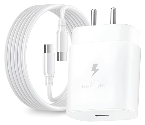 Image of 25W Type-C Charger with Cable, Super Fast USB C to C Port Wall Charging Compatible with Samsung Galaxy A15 /M15 /M05 /F05 /F15 /A55 /M55 /F55 /M14 /F14 /A34 /M34 /F34 /A25 /S23 fe /S21 fe 5G /S23 /S24 /Tab /Pad, White