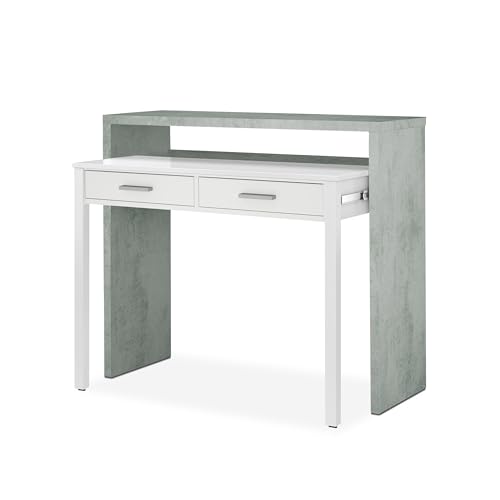 duehome | Zira, Escritorio Consola, Mesa Estudio, Consola Extensible, Acabado en Blanco Artik y Cemento, Medidas: 98,5 cm (Largo) x 30-66 cm (Fondo) x 87,5 cm (Alto)