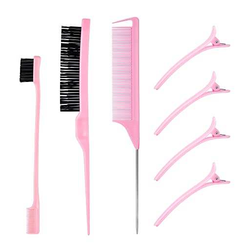 3 Stück Sleek Bun Neckerei Bürsten Set Pink, Borsten Haarbürste Stiel Kamm, Rattenschwanz Haarkamm, Doppelkanten Bürste Kämme Pflege Kanten mit 4 Haarnadeln für Friseurin Frauen Baby Kinder