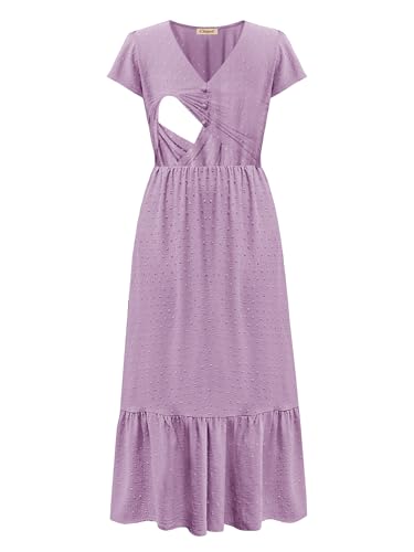 Image of CzzzyL Women Nursing Boho Maxi Dresses Cap Short Sleeve V Neck Swiss Dot High Waisted A-Line Ruffle Tiered with Pockets
