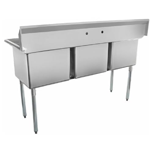 Image of Empura 63 inch Wide Stainless Steel Three Compartment Commercial Sink | Prep Utility 18 x 18 Bowl for Catering Laundry Garage | 3.5 inch Drain Basket, 9.75 inch Backsplash, 63 inchW x 23.5 inchD x 44.25 inchH, 18 Gauge, NSF