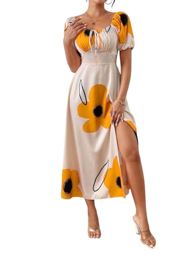 Image of GRECIILOOKS Summer Dress for Woman | Boho Square Neck Long Dress | Women's Puff Sleeve Floral Printed A Line Maxi | Elegant Tie Front Slit Outfit | Comfortable Beach, Vacation, Party & Holiday Outfit