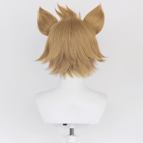 Amback Light Brown Cosplay Wig Orange Mixed White Gradient Wigs for Men, Short Synthetic Cosplay Wig with Horns