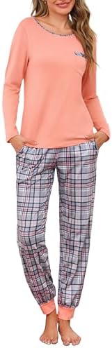 Leversic Schlafanzug Damen Lang Kariert Rundhals Hausanzug | Zweiteiliger Pyjama-Set mit Schlafanzughose; Loungewear für Frauen.