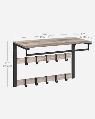 VASAGLE Wall-Mounted Coat Rack, Wall Shelf with 10 Removable Hooks, Clothes Rail, Coat Hooks with Shelf, for Entryway, Bedroom, Bathroom, Greige and Black LCR101B02