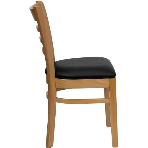Image of Flash Furniture 2 Pack HERCULES Series Ladder Back Natural Wood Restaurant Chair - Black Vinyl Seat