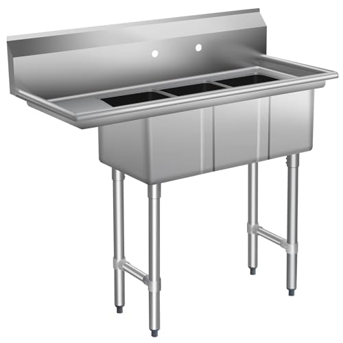 HARDURA Stainless Steel Kitchen Sink With 3 Compartments, Commercial Sink Left Drainboard Freestanding NSF Certified Utility Basin 10