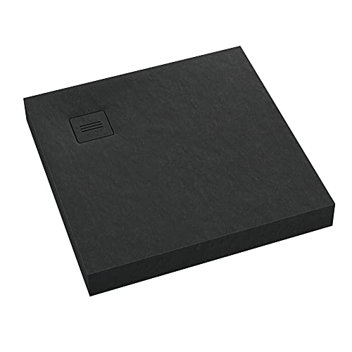 Sellon24® Plato de ducha acrílico, aspecto de piedra, negro, antideslizante, cubierta para desagüe Viega, cuadrado, cuarto círculo, rectángulo (Q_90 x 90 x 12 cm)