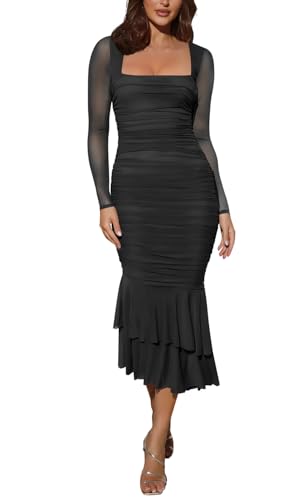 Atizon Women's Ruched Bodycon Long Sleeve Square Neck Wedding Guest Dress Formal Mermaid Evening Cocktail Party Maxi Dresses