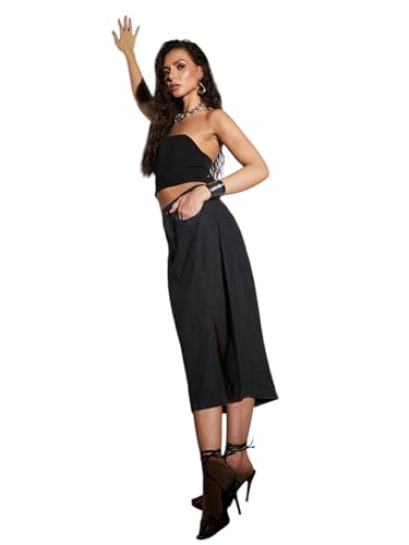 Jupe midi en denim stretch femme taille haute : jupe en jean extensible coupe crayon confortable