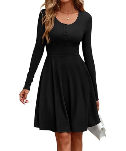 SCHOOLMOON Strickkleid Damen Langarm Rundhalsausschnitt Leichte Pulloverkleid Einfarbig Herbst Knielang Tunikakleid Knopf A-Linie Elegant Winterkleid...