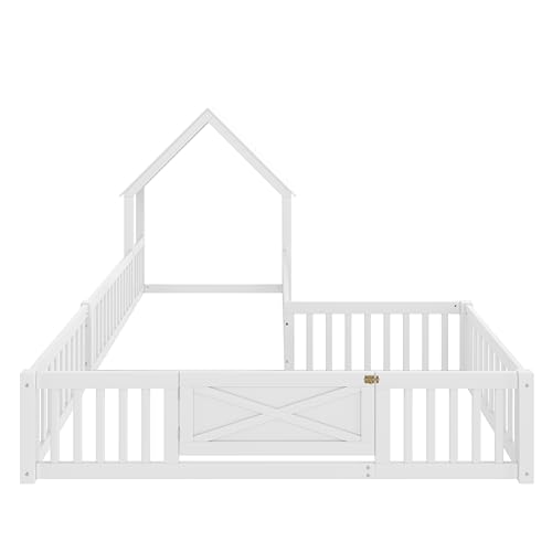 SOFTSEA Twin Size L-Shaped House Bed Frame for Kids, Wooden Double Floor Bed with Fence Guardrails & Roof Design, Montessori Corner Beds for 2 Teens, No Slats, White - Thumbnail 6