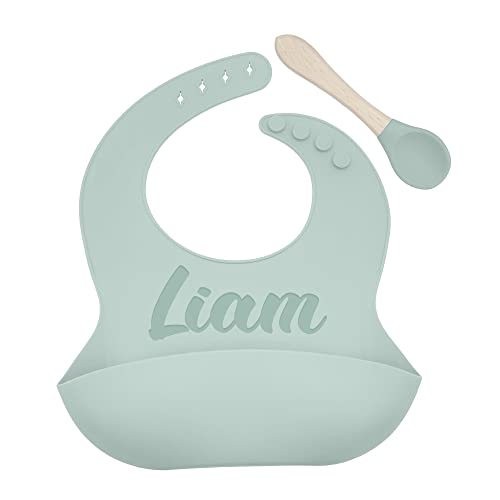 MerchSalad Personalized Silicone Bib and Spoon Set with Debossed Custom Name, Babies/Toddlers Durable Adjustable with Pocket for Baby Boy & Girl | Light Blue