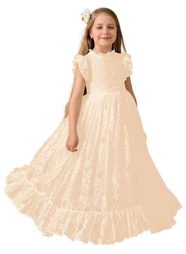 Flower Girl Dress Ruffles Sleeve First Communion Dress Lace Blackless Girls Dresses for Wedding Formal Party