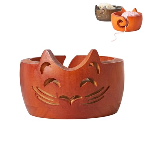 Image of Cute Cat Yarn Bowl, New Yarn Bowls Yarn Storage Bowl with Carved Holes & Drill, Creative Wooden Handmade Round Woolen Bowl for DIY Knitting Crocheting Accessories (Orange)