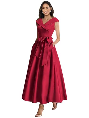 Satin V Neck Mother of The Bride Dresses for Women Long A Line Bow Formal Evening Dresses with Pockets
