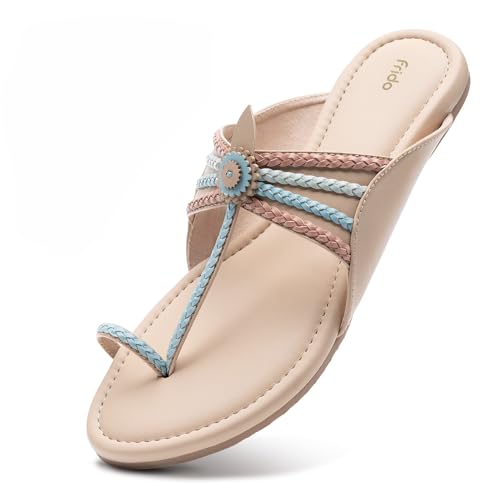Image of Frido Women's Comfort Flat Sandals | Ethnic Style Slip-On | Super Soft Cushioned Sole, Padded Knit Upper, Breathable & Anti-Skid Zero-Drop | Available in Comfort Flat & Ethnic Kolhapuri style