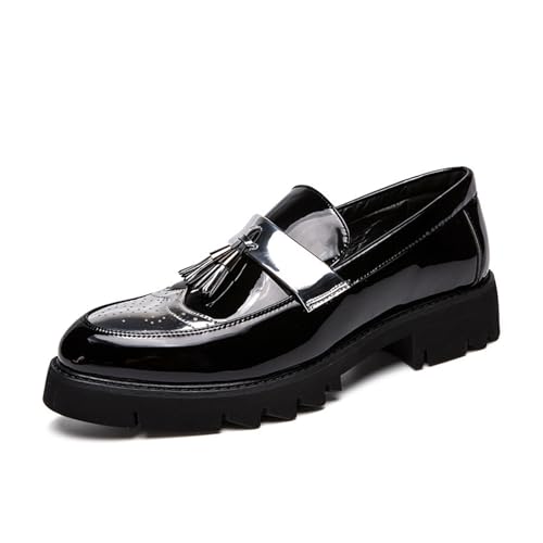 Men's Patent Leather Tassel Loafers Platform Slip-On Casual Shoes Fashion Round Toe Non-Slip Lug Sole Dress Prom Shoes for Men